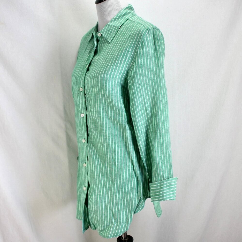 Talbots Linen Shirt Womens Size M Green White Stripe Long Sleeve Button Front - Picture 3 of 8